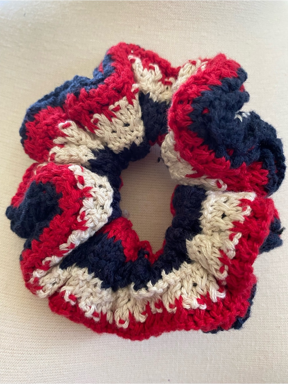moon & madison Red Navy Cream Crochet Ruffled Hair Scrunchie